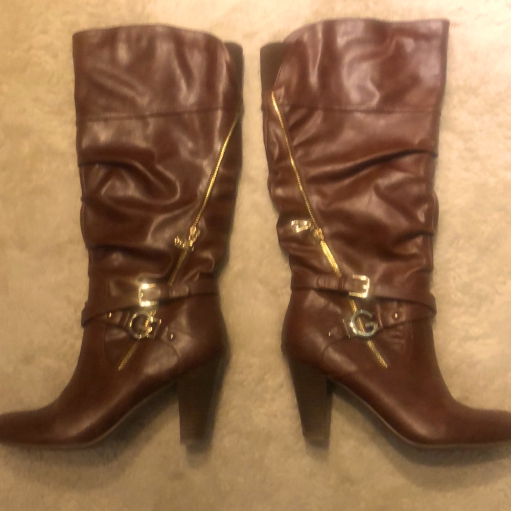 Guess - Brown w/gold zip and buckle slouch boots